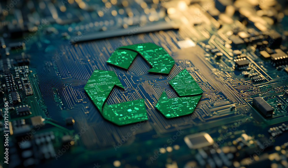 Poster close-up view of a microchip on a circuit board with a glowing green recycling symbol design