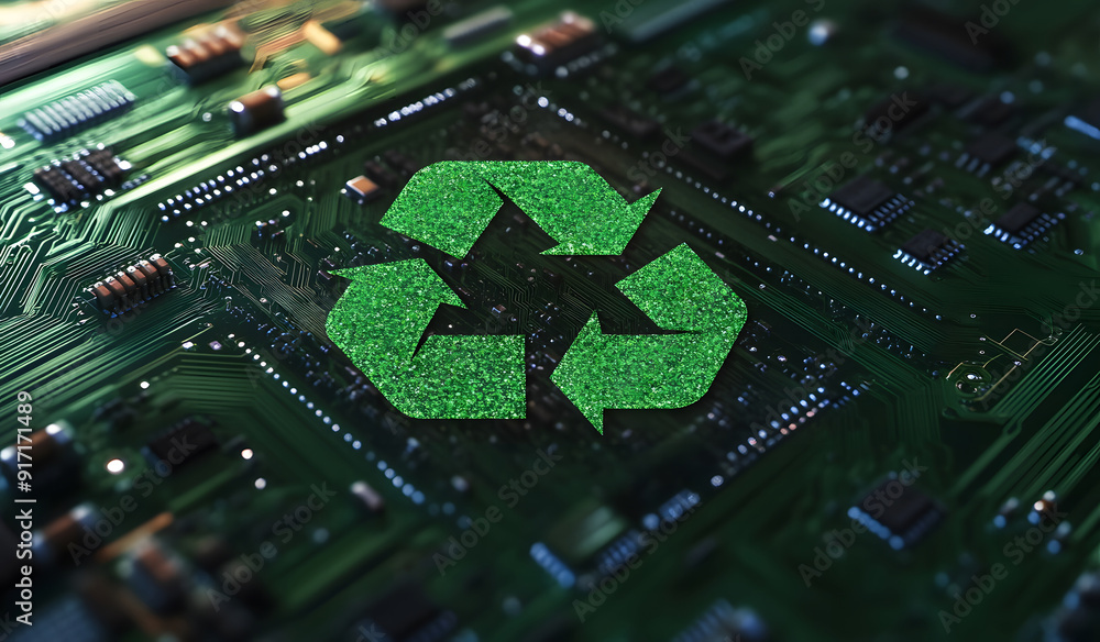 Poster close-up view of a microchip on a circuit board with a glowing green recycling symbol design