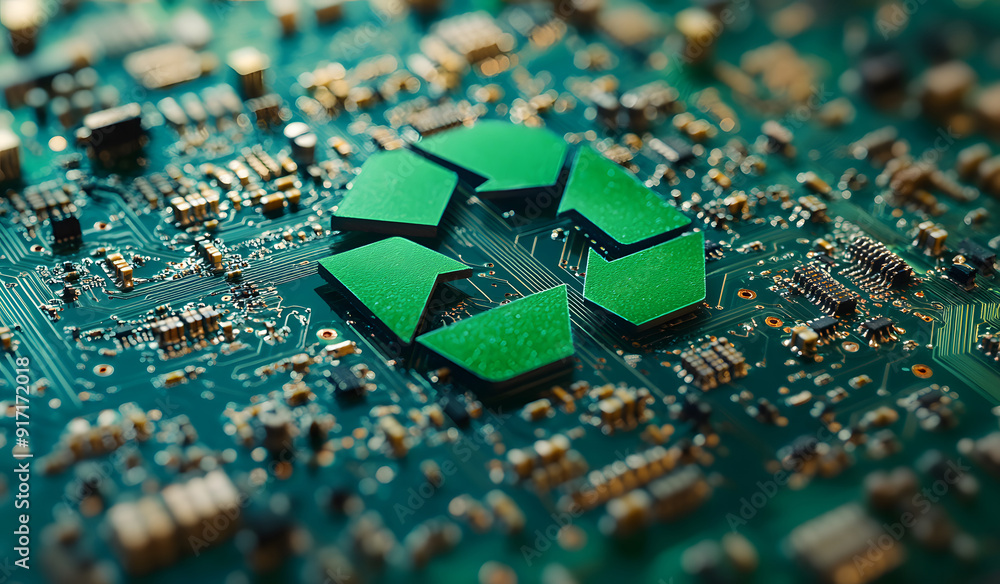 Poster close-up view of a microchip on a circuit board with a glowing green recycling symbol design