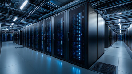 modern server room with neatly organized internet cables and wires connected to network switches. The environment is clean, efficient, and represents the backbone of digital communication and data sto