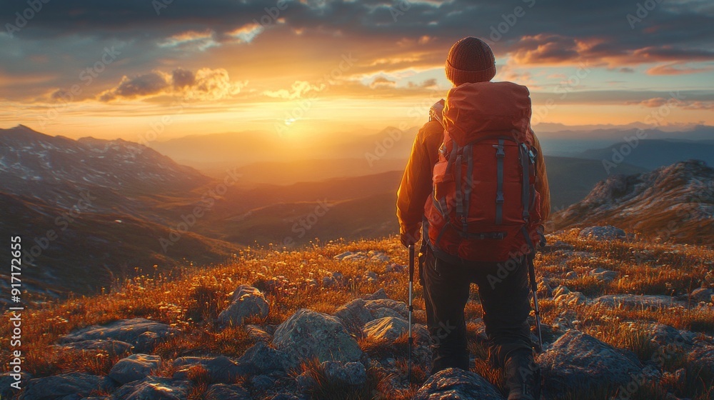Poster a man is standing on a mountain top with a backpack and a camera