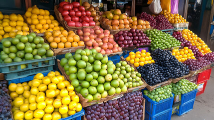 Obraz premium Fresh fruits and vegetables at the market including apples, oranges, grapes, bananas, and pineapples