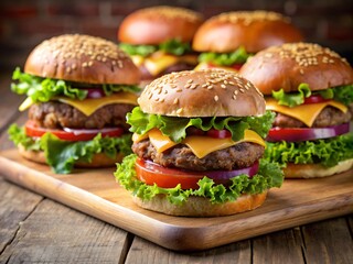 A hamburgers on wood plate and a wooden background, five juicy hamburgers, yummy.