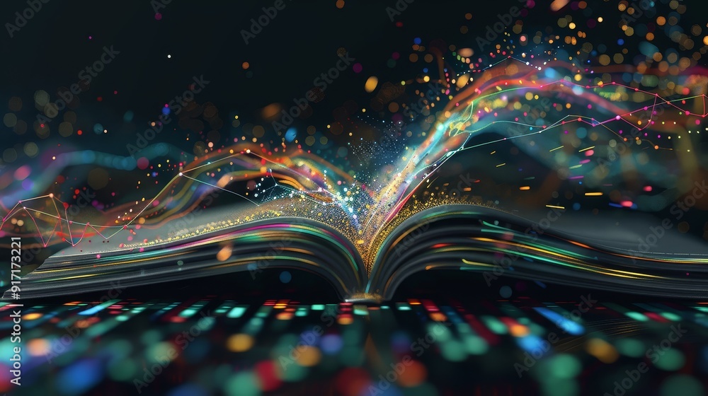 Poster open book with colorful data visualizations emerging symbolizing the intersection of knowledge and t