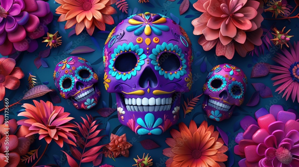 Canvas Prints Day of the Dead Sugar Skulls with Flowers