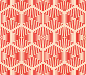 Fototapeta premium Abstract vector background. Red color on matching background. Rounded stacked hexagons mosaic pattern. Large hexagons. Seamless pattern. Tileable vector illustration.