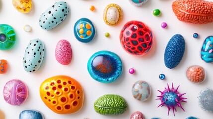 Detailed view of colorful animal cells, arranged on a clean white background, showcasing their unique structures and functions.