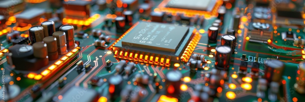 Poster a close-up of a circuit board with a processor chip in the center. the chip is surrounded by other c
