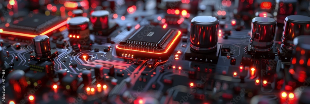 Poster a close-up of a circuit board with glowing red leds and a central processor. the image symbolizes te