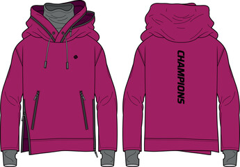 Long sleeve weather funnel sweater jacket design flat sketch Illustration, Fleece jacket front and back view, Anorak winter jacket for Men and women. for training, Running and workout in winter. © JERZEY DESINZ