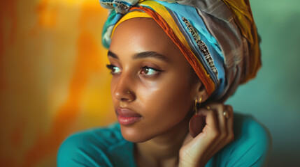 Naklejka premium Hyperrealistic young woman with a headscarf, seated, light background, studio photography, Canon R6 Mark II, 50mm lens, vibrant side lighting, raw style, lifelike