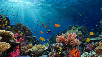 A vibrant underwater scene with colorful fish swimming in an aquarium.