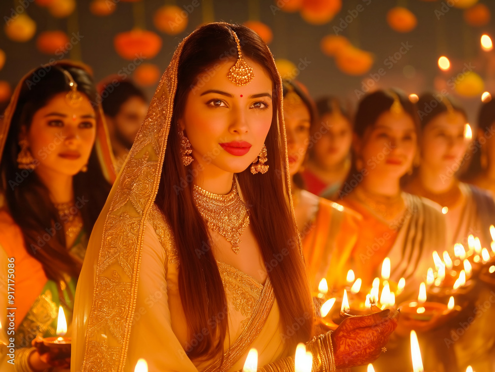 Wall mural A woman wearing a gold and white dress is holding a lit candle. She is surrounded by other women, all wearing similar dresses and holding lit candles. The scene is set in a room with orange