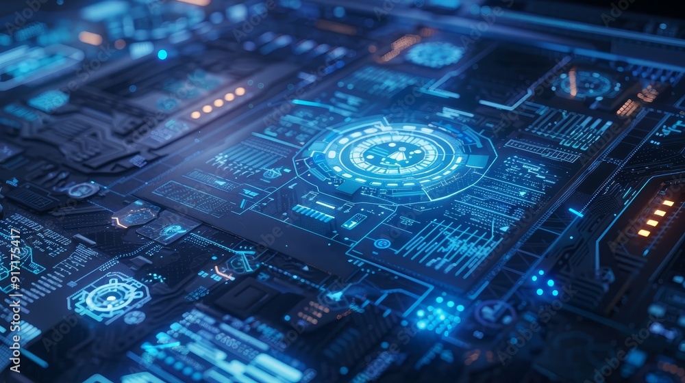 Poster a close-up view of a futuristic technology interface, featuring a central circular hud with glowing 