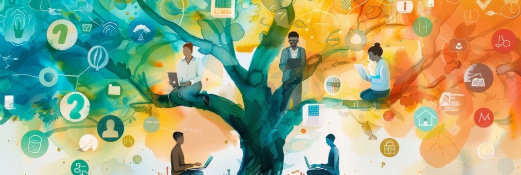 diverse group of data scientists planting seeds of unbiased research growing into a tree of knowledge warm and inviting watercolor 