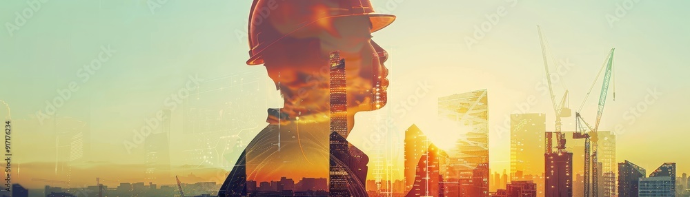 Aufkleber create a stock photo of a double exposure image featuring a dedicated construction worker with the c