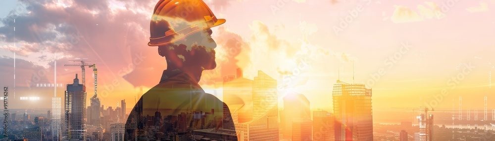 Poster create a stock photo of a double exposure image featuring a dedicated construction worker with the c