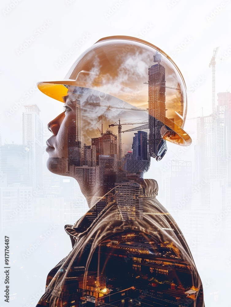 Aufkleber create a compelling stock photo of an urban construction worker using double exposure techniques to 