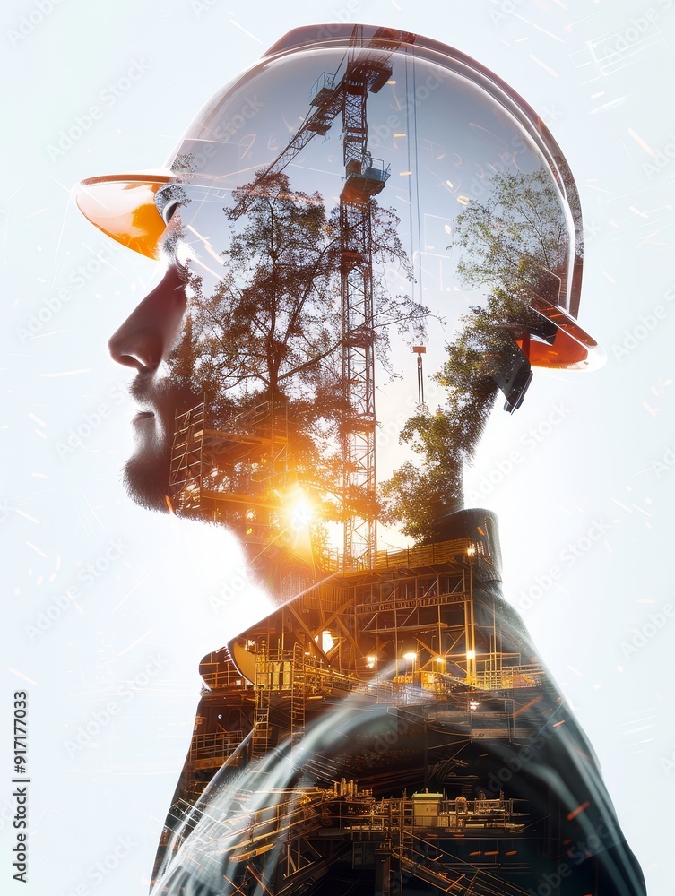 Poster create a dynamic stock photo featuring a double exposure of an engineer wearing a hard hat, skillful