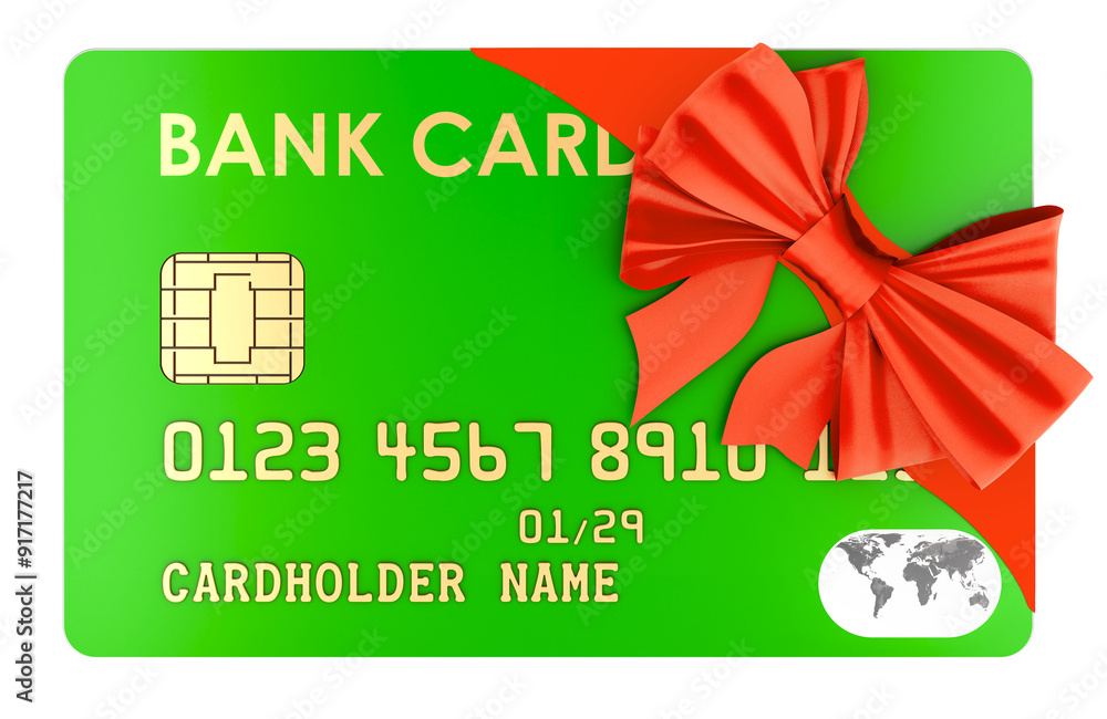 Aufkleber credit card with red bow, 3d rendering isolated on transparent background