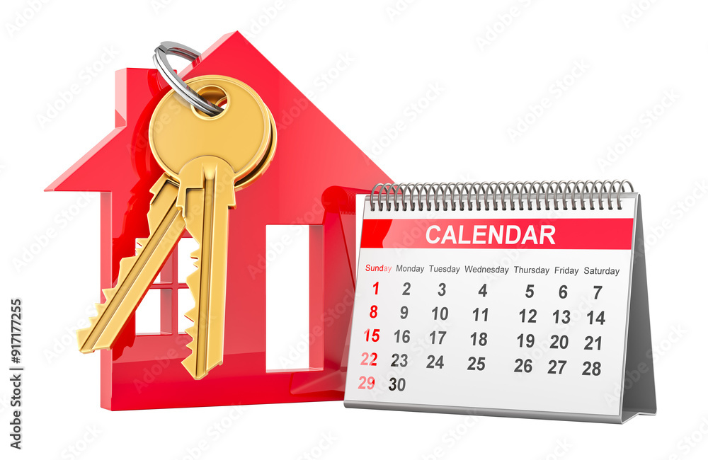 Poster home key with keychain with desk calendar, 3d rendering isolated on transparent background