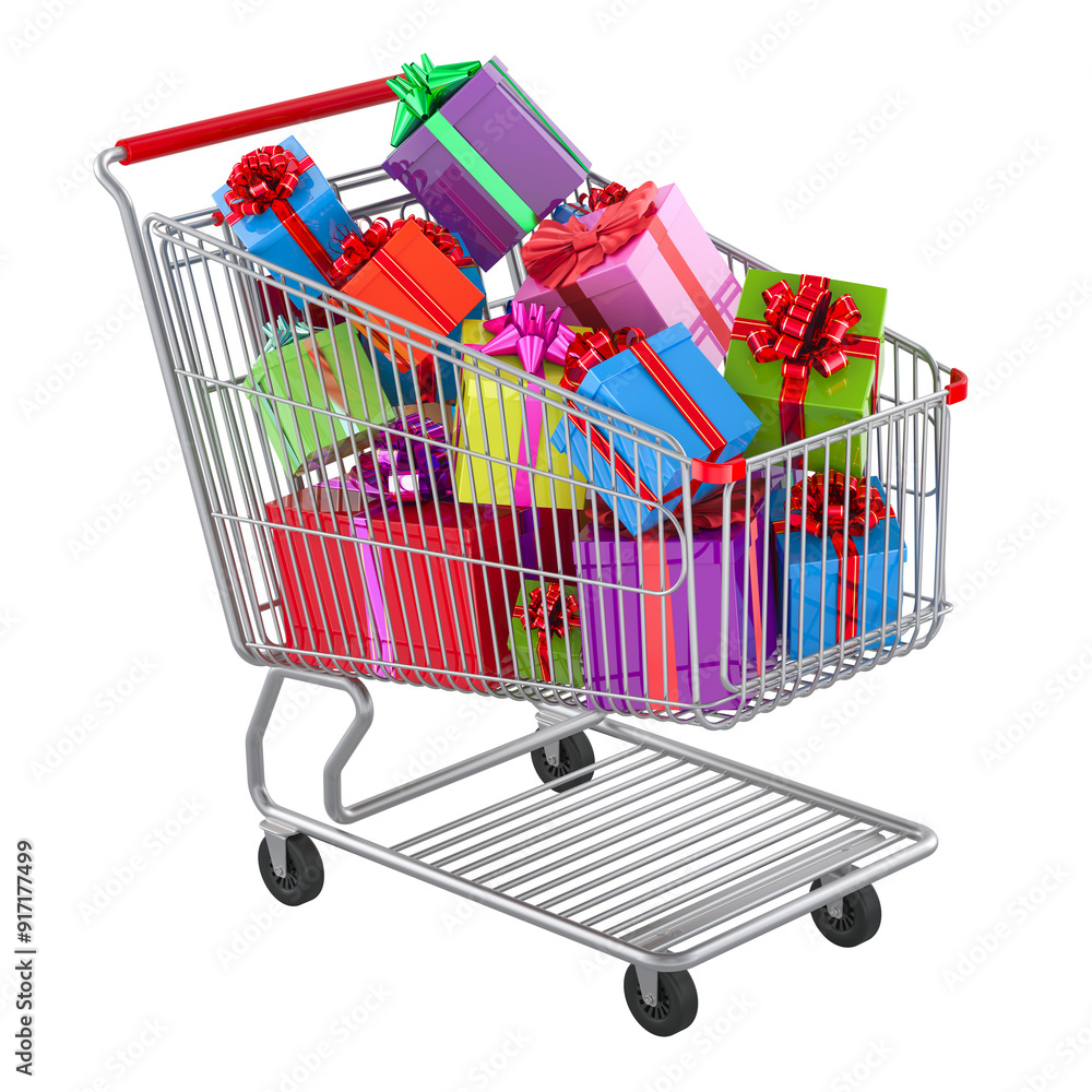 Aufkleber shopping cart with gift boxes inside, 3d rendering isolated on transparent background
