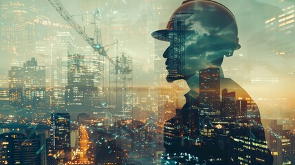 Construction worker, double exposure, bustling cityscape backdrop, vibrant urban life, stock photo, realistic detail, dynamic composition, harmonious blend