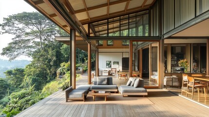 Modern house with large windows overlooking a lush green forest, featuring a spacious terrace with comfortable furniture for relaxing outdoors.
