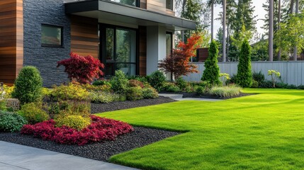 Naklejka premium Modern home with lush green lawn, landscaped yard and pathway.