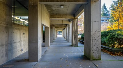 Obraz premium Architecture of Burnaby Mountain University characterized by concrete buildings featuring leading lines and textures