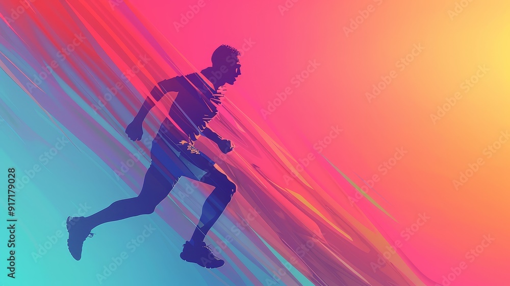 Poster athlete in motion, double exposure effect blending a dynamic action pose with a colorful gradient ba
