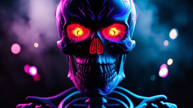 neon animation of skeleton Halloween background. The skeleton's eyes and bones radiate in shades of orange, pink, and blue, with blurred bokeh lights backdrop
