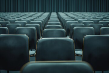 Fototapeta premium Empty blue leather seats in a large, multipurpose auditorium, arranged in symmetrical rows.