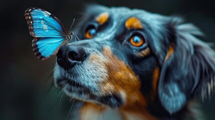 A dog observes a bright blue butterfly hovering close to its nose, capturing a moment of wonder and...