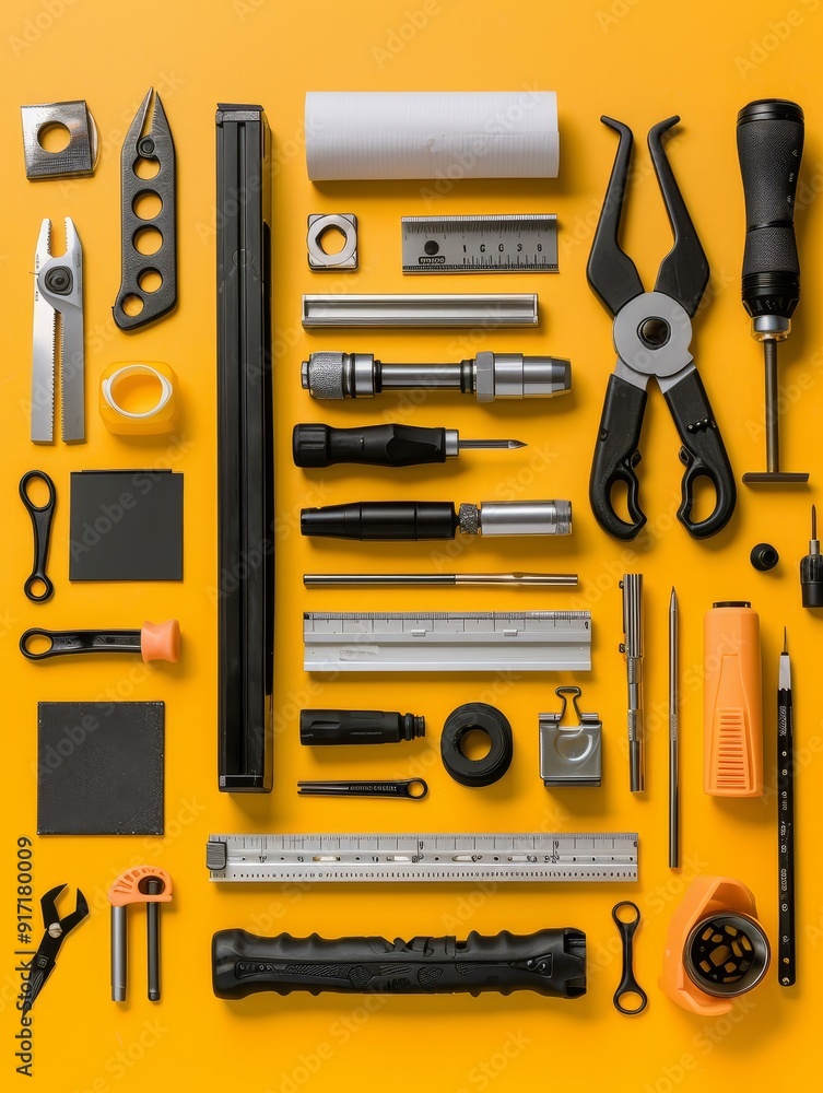 Aufkleber minimalistic flat lay of work equipment with ample copy space, showcasing neatly arranged tools and 