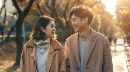 Fototapeta premium Happy Asian couple taking a romantic walk