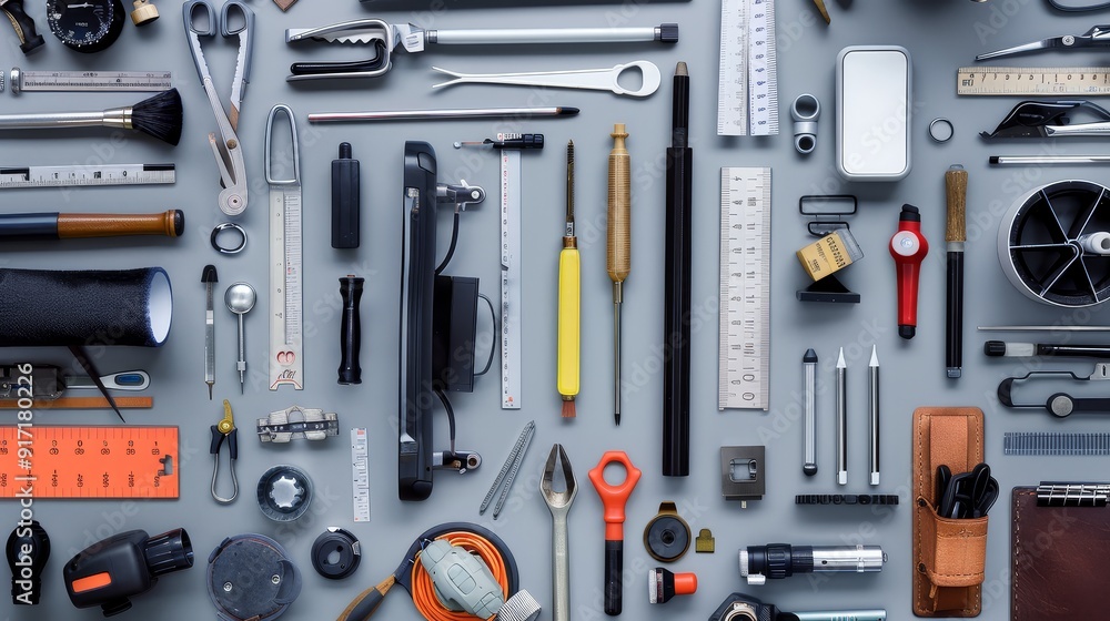 Aufkleber minimal workspace flat lay featuring essential work equipment on a clean monochrome background, ampl