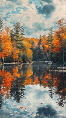 Obraz premium Autumnal Reflections in a Tranquil Forest Lake.