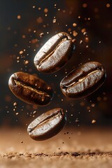 Coffee Beans Flying on Neutral Background