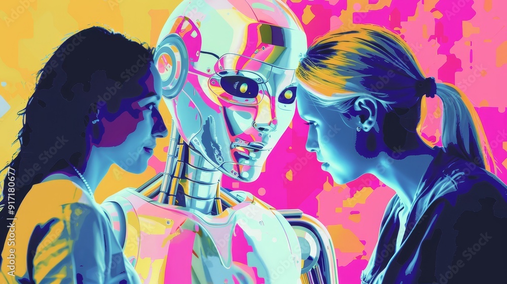 Poster a futuristic concept exploring the relationship between humans and artificial intelligence. two wome