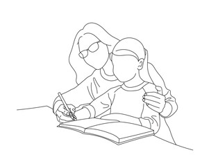 An lines illustration of A Mother teaches a daughter to read or write in the book. Studying with a parent