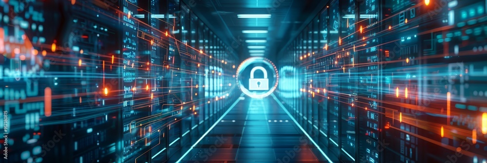 Poster a futuristic data center server room with glowing blue and red lights and a glowing padlock symboliz