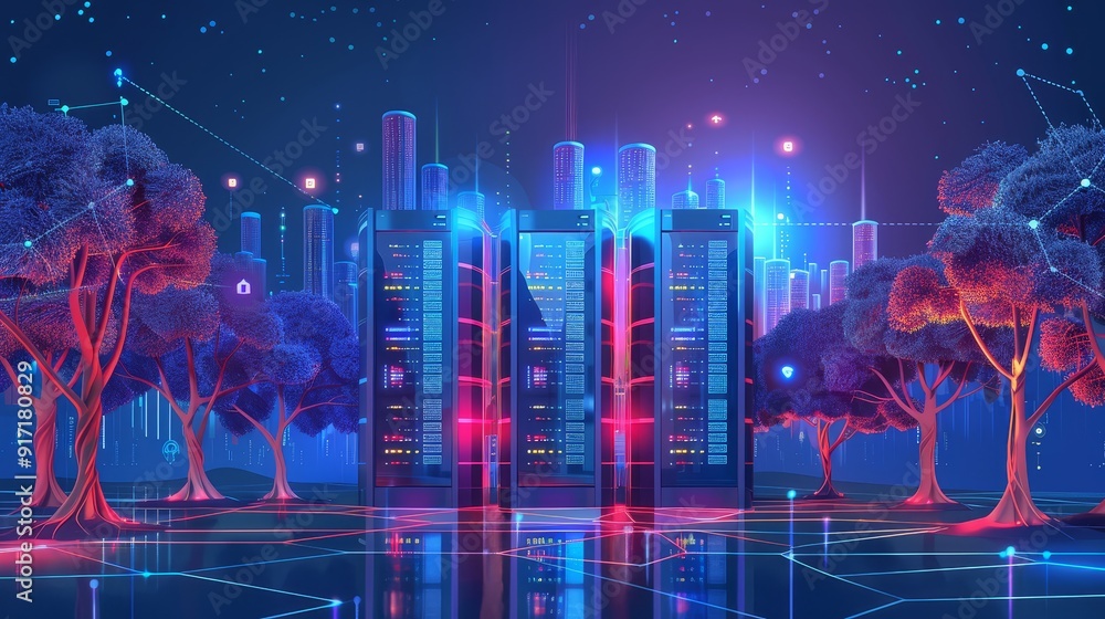Poster futuristic data center with glowing servers and cityscape in the background surrounded by trees and 