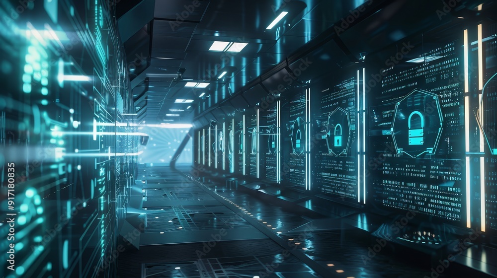 Poster futuristic data center with advanced cybersecurity measures showcasing digital locks and secure data