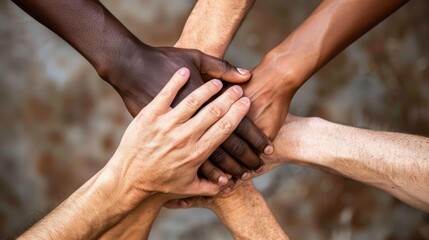 Diverse hands united in solidarity, symbolizing teamwork and collaboration among different communities.