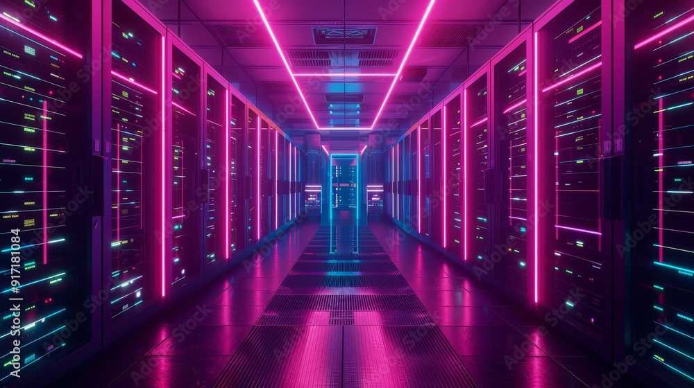 Poster futuristic data center with glowing neon lights and advanced server technology showcasing modern and