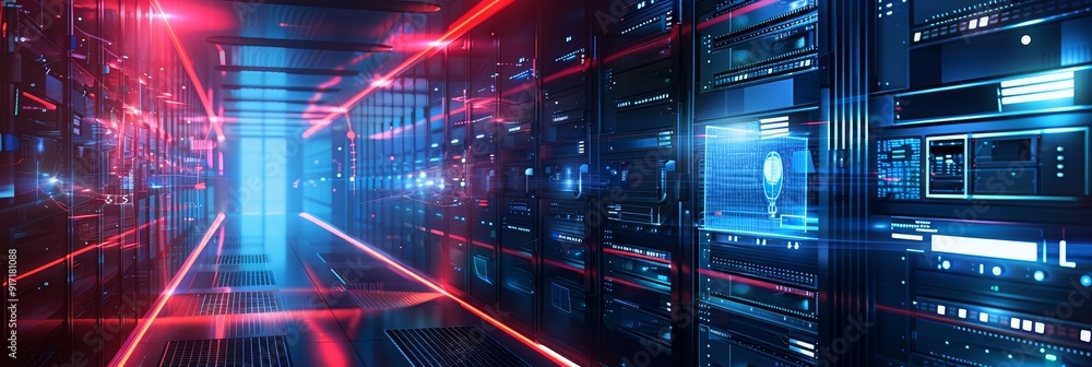 Poster futuristic data center with advanced cybersecurity measures showcasing digital locks and secure data