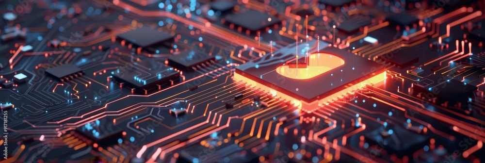Poster digital padlock symbol representing cybersecurity protection on a circuit board with glowing connect