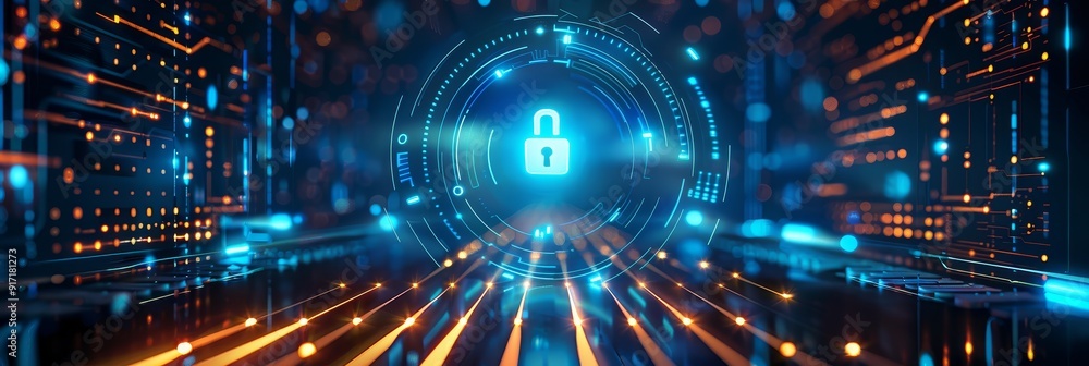 Poster a glowing padlock in the center of a digital network with lines of data flowing towards it, symboliz