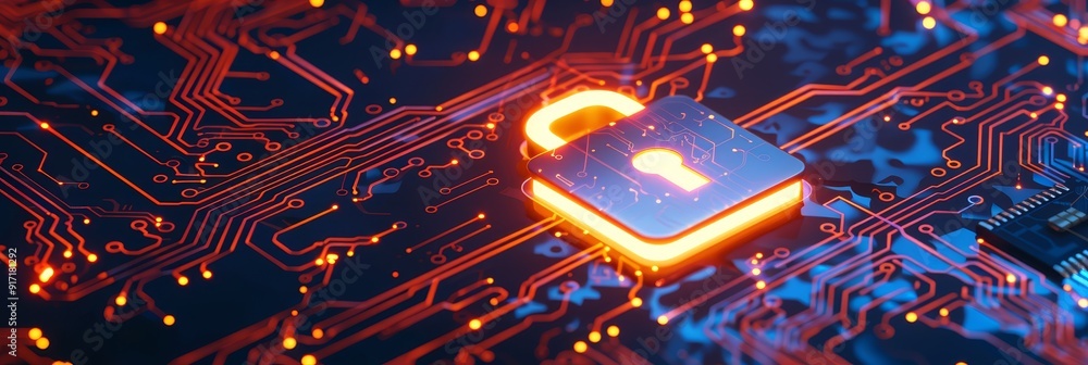 Poster digital padlock symbol representing cybersecurity protection on a circuit board with glowing connect
